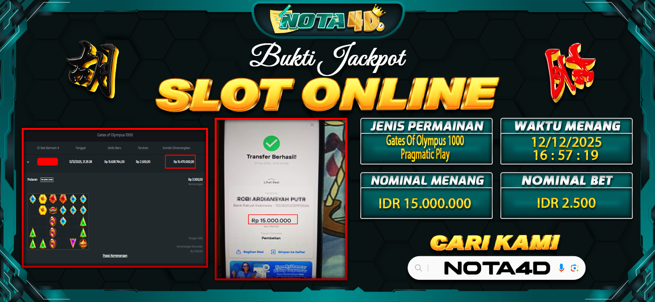 Bukti Kemenangan Besar Dibayar lunas Member NOTA4D RP 15.000.000, 13 Desember 2025