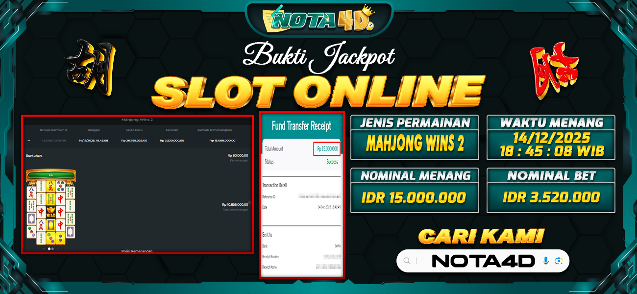 Bukti Kemenangan Besar Dibayar lunas Member NOTA4D RP 15.000.000, 14 Desember 2025