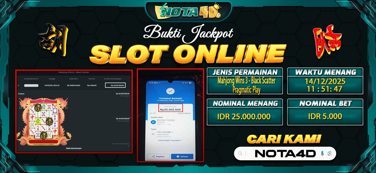 Bukti Kemenangan Besar Dibayar lunas Member NOTA4D RP 25.000.000, 15 Desember 2025