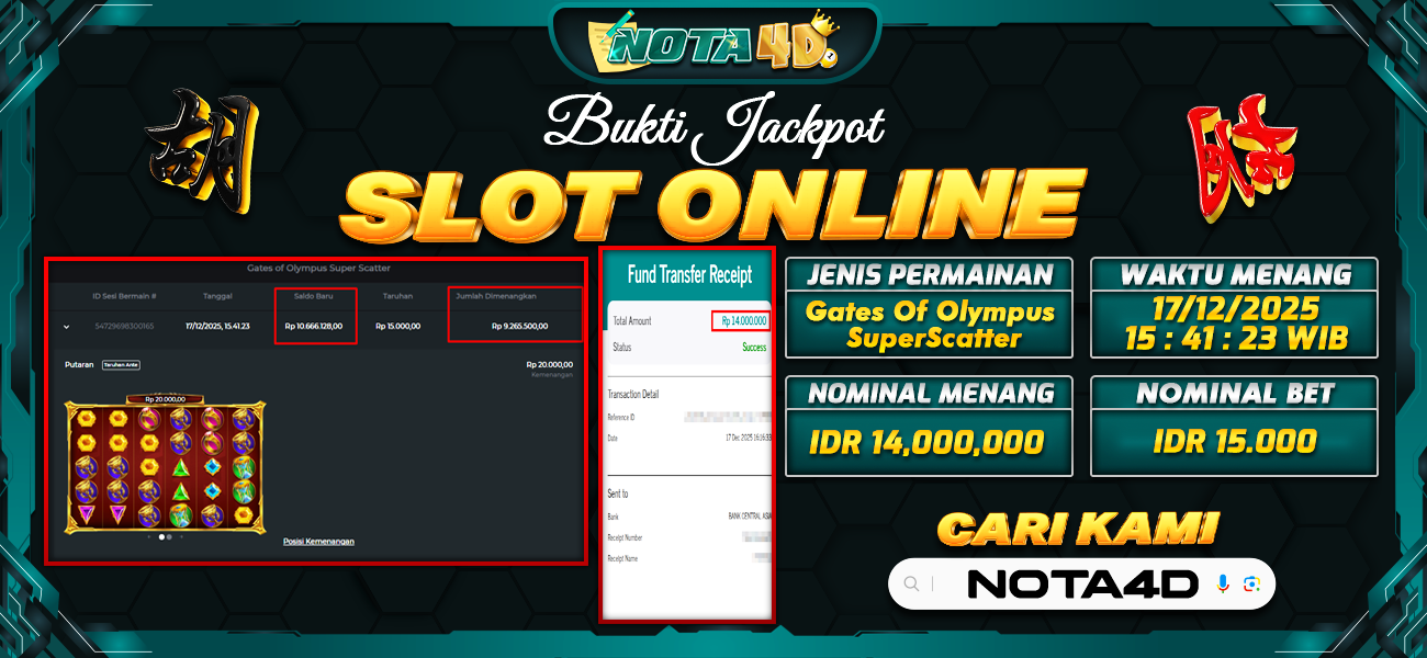 Bukti Kemenangan Besar Dibayar lunas Member NOTA4D RP 14.000.000, 17 Desember 2025