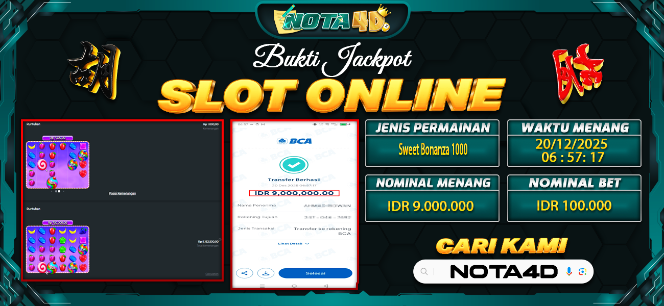 Bukti Kemenangan Besar Dibayar lunas Member NOTA4D RP 9.000.000, 21 Desember 2025